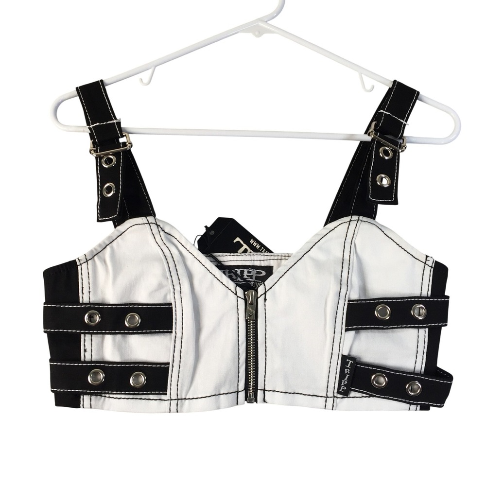 Tripp NYC Bralette Crop Top S White Black Buckle Grommet Zip Closure Goth Grunge